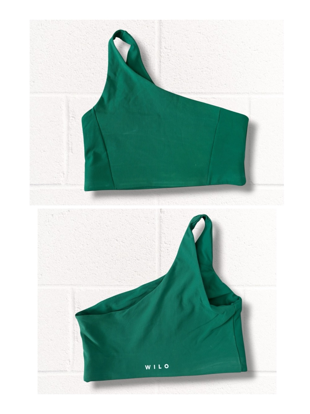 WILO The Label Ribbed Asymmetric One-Shoulder Sports Bra in Emerald Green, Large